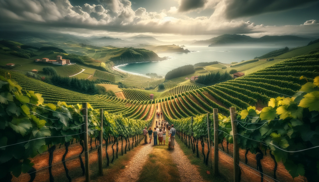 Panorama de un viñedo en Santander con turistas disfrutando de cata de vinos, mostrando un paisaje verde con el Mar Cantábrico al fondo, destacando la ruta vinícola de Cantabria.